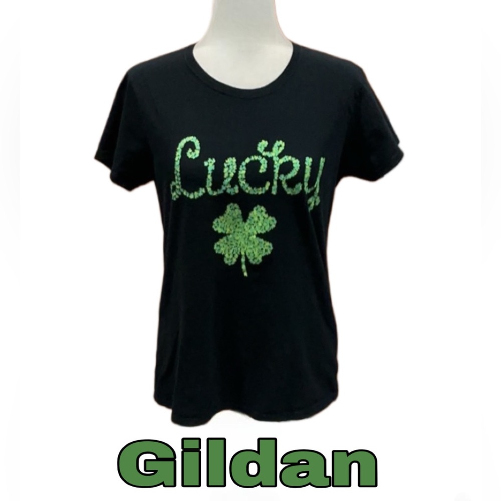 LUCKY Green Shamrock Graphic Black T Shirt Size Large